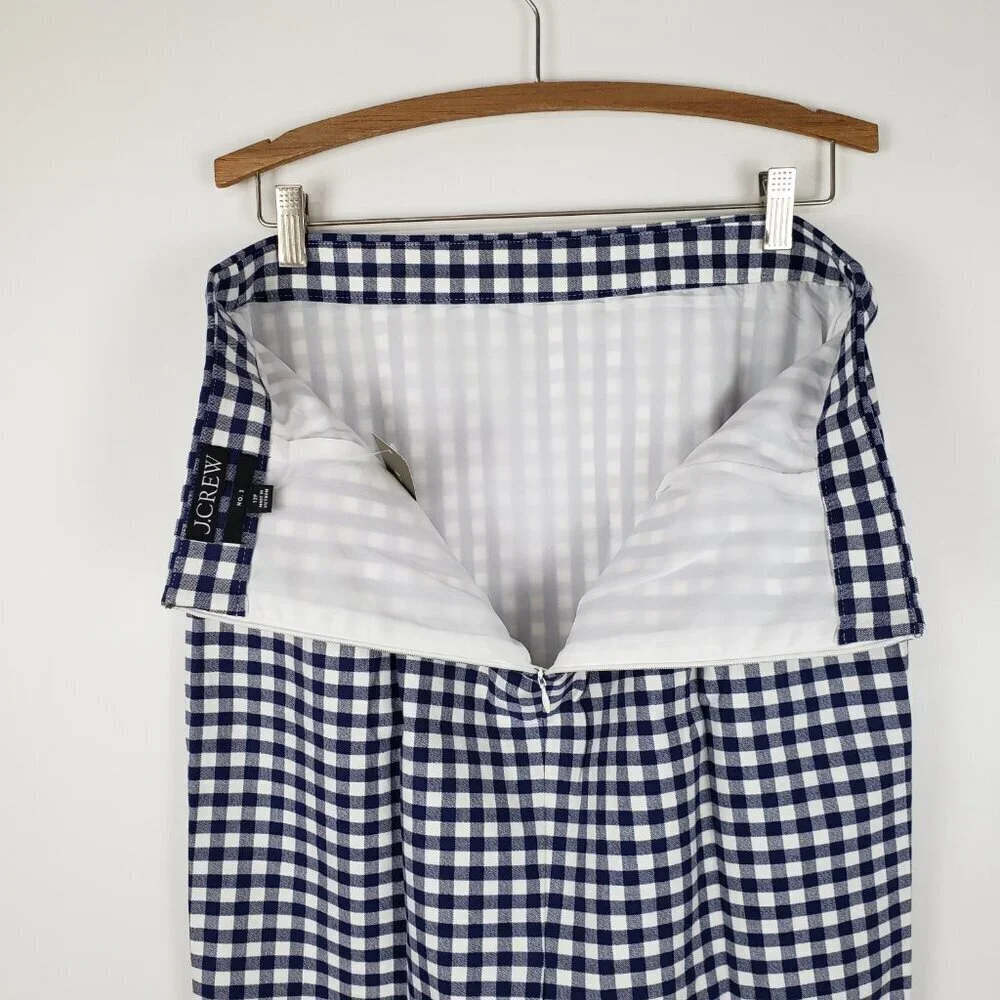 J Crew Petite No 3 Pencil Skirt NWT Bi-Stretch Midi Blue White Gingham Size 12P